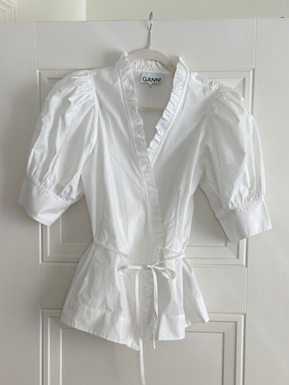 Ganni White Ruffle-Trim Puff Sleeve Wrap Top